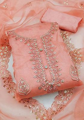 Peach Floral Embroidered Poly Blend Kurta Set