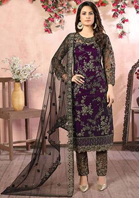 Wine Embroidered Net Kurta Set