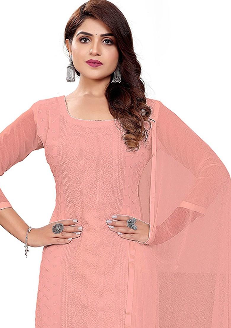 Peach Embroidered Silk Georgette Kurta Set - Indya