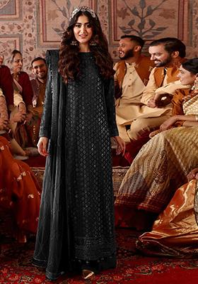 Black Embroidered Faux Georgette Kurta Set