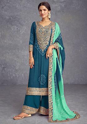 Rama Blue Embroidered Silk Kurta Set