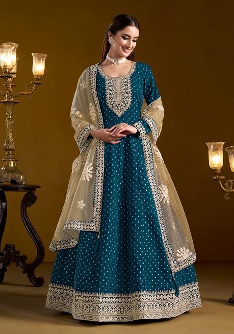 Teal Embroidered Poly Blend Kurta Set