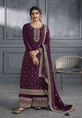 Purple Embroidered Poly Blend Kurta Set