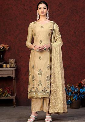 Beige Floral Embroidered Poly Blend Kurta Set