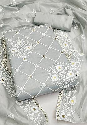 Grey Embroidered Poly Blend Kurta Set