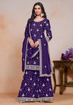 Purple Embroidered Poly Blend Kurta Set