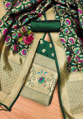 Green Woven Zari Soft Banarasi Silk Kurta Set