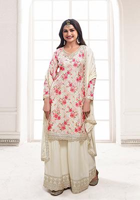 Cream Zari Embroidered Art Silk Kurta Set