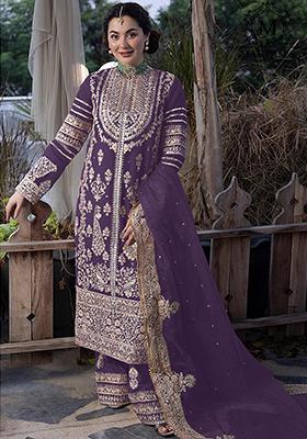 Purple Embroidered Faux Georgette Kurta Set