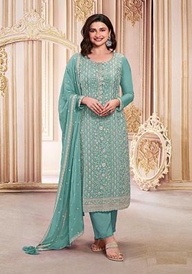 Teal Blue Embroidered Georgette Kurta Set