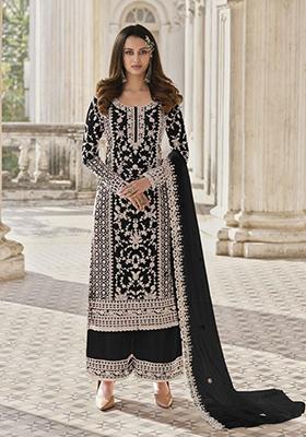 Black Stone Work Embroidered Net Kurta Set