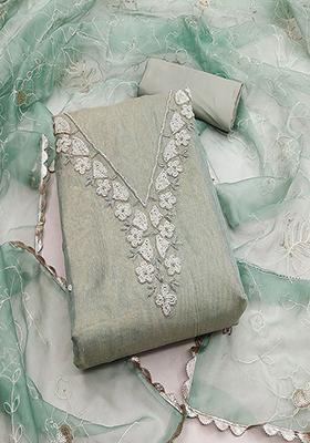 Teal Green Floral Bead Embroidered Cotton Handspun Kurta Set