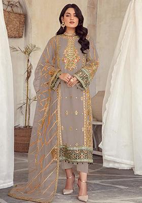 Light Grey Embroidered Organza Kurta Set