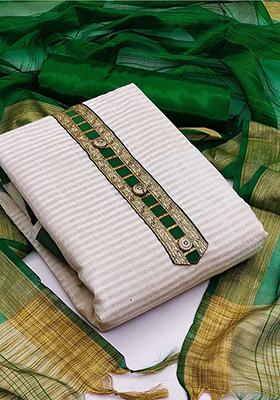 White Striped Print Banarasi Jacquard Kurta Set