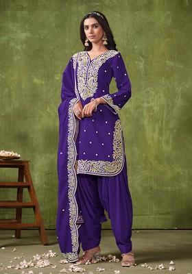 Purple Embroidered Poly Blend Kurta Set