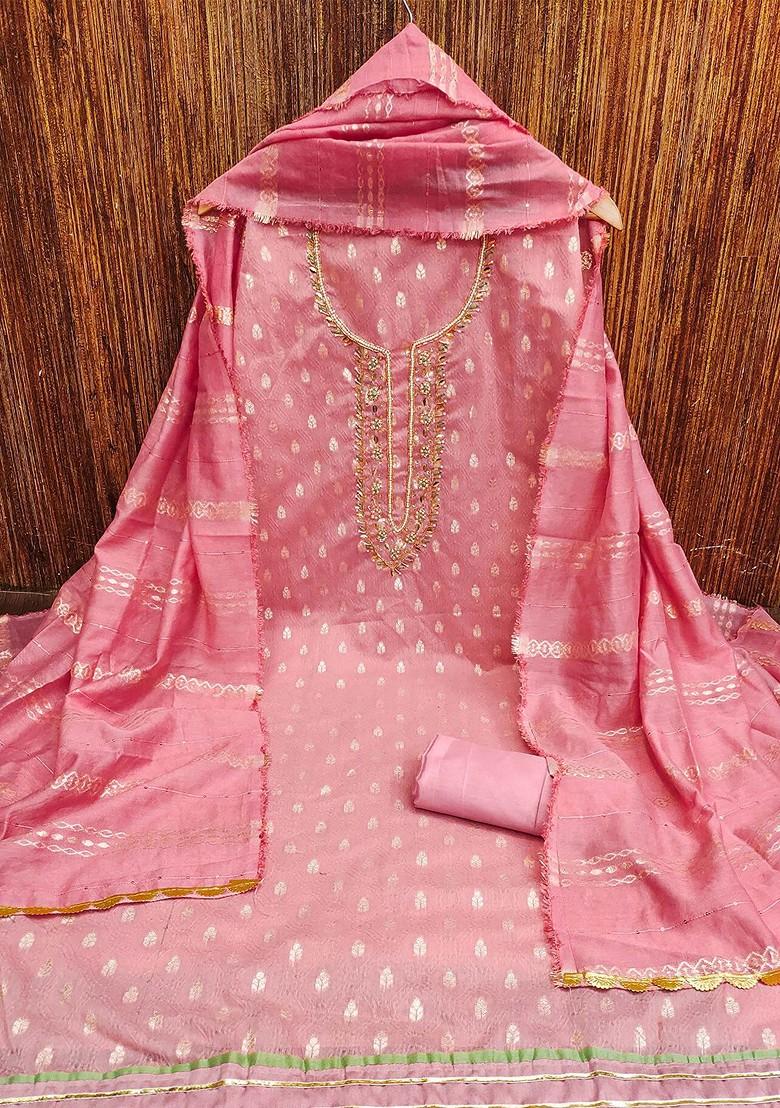 Pink Embellished Banarasi Jacquard Kurta Set