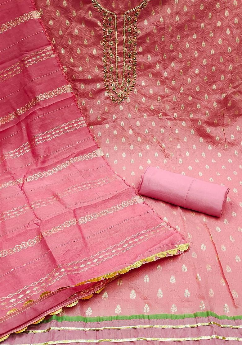 Pink Embellished Banarasi Jacquard Kurta Set