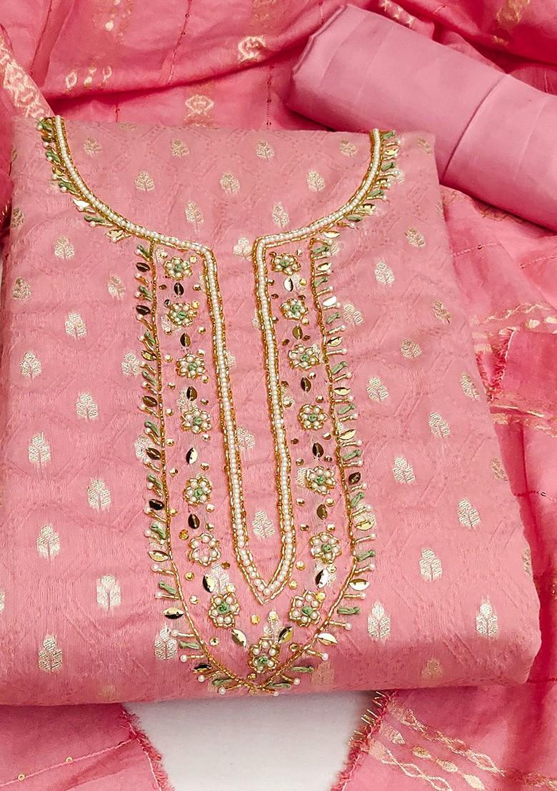 Pink Embellished Banarasi Jacquard Kurta Set