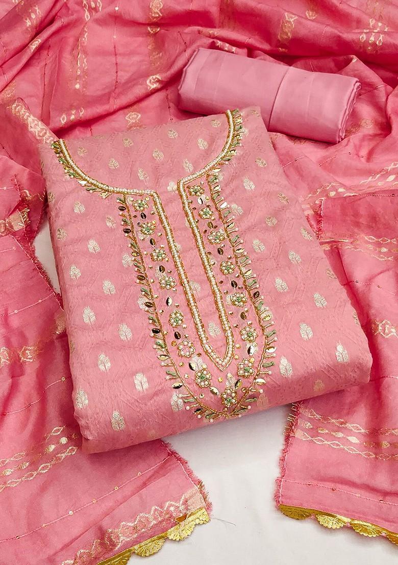 Pink Embellished Banarasi Jacquard Kurta Set