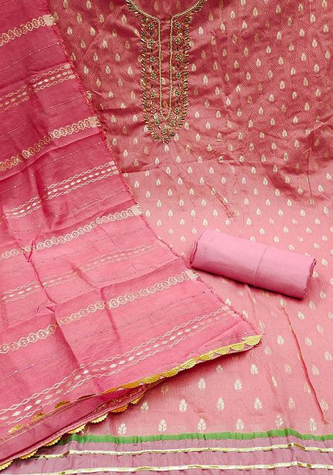 Pink Embellished Banarasi Jacquard Kurta Set