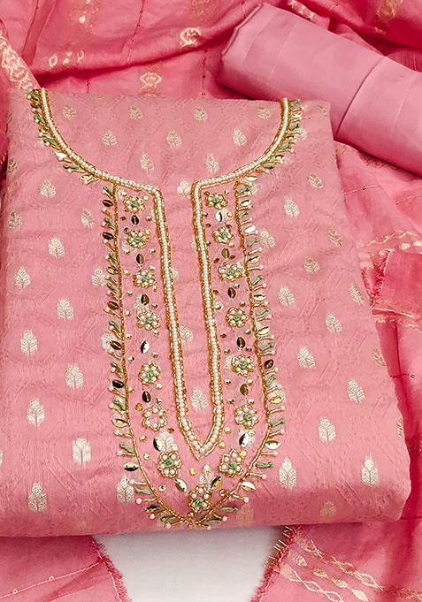 Pink Embellished Banarasi Jacquard Kurta Set