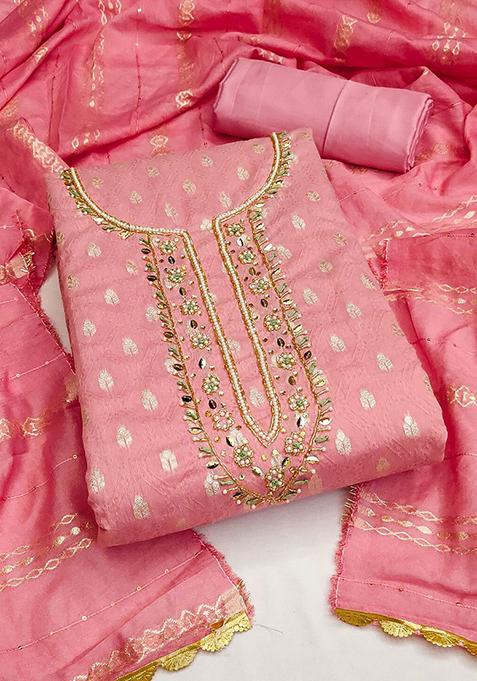 Pink Embellished Banarasi Jacquard Kurta Set