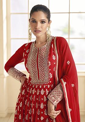 Red Embroidered Faux Georgette Anarkali Kurta Set