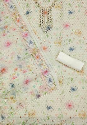 Off White Ethnic Motifs Embellished Poly Blend Kurta Set