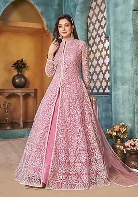 Pink Embroidered Net Anarkali Kurta Set