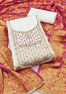 White Woven Poly Blend Kurta Set