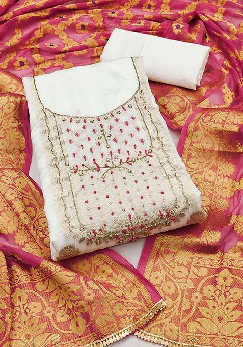 White Woven Poly Blend Kurta Set