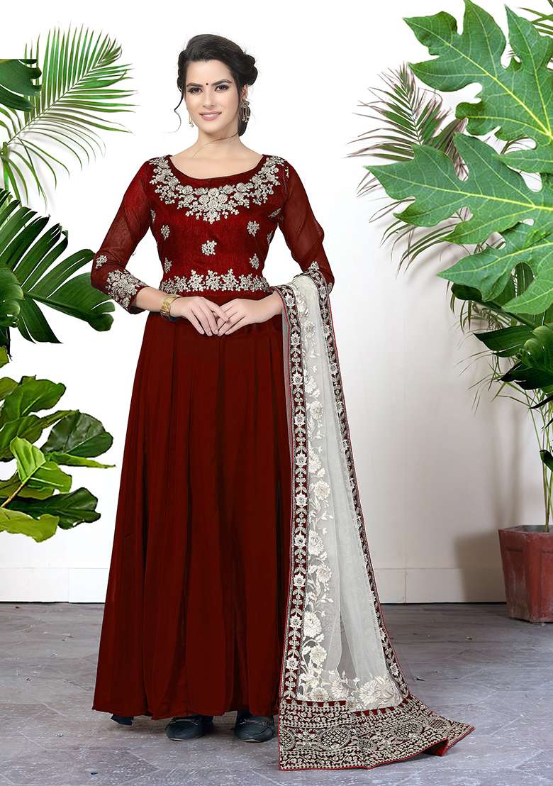 Maroon Zari Embroidered Georgette Anarkali Set - Indya