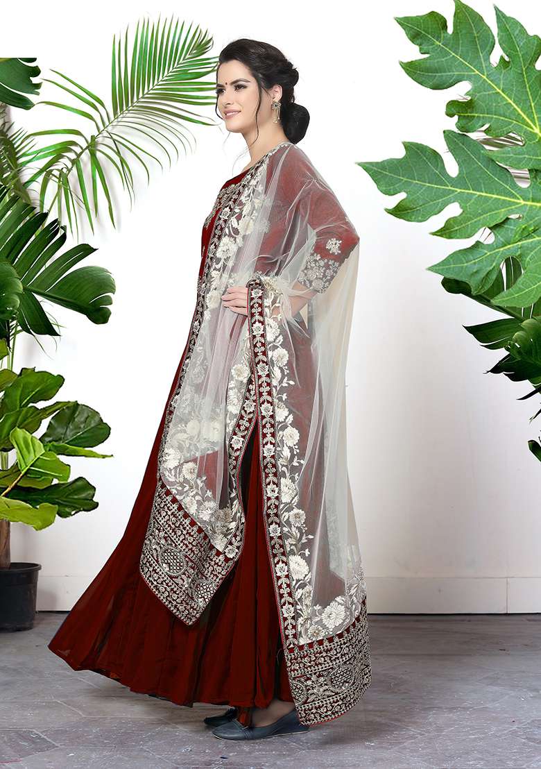 Maroon Zari Embroidered Georgette Anarkali Set - Indya