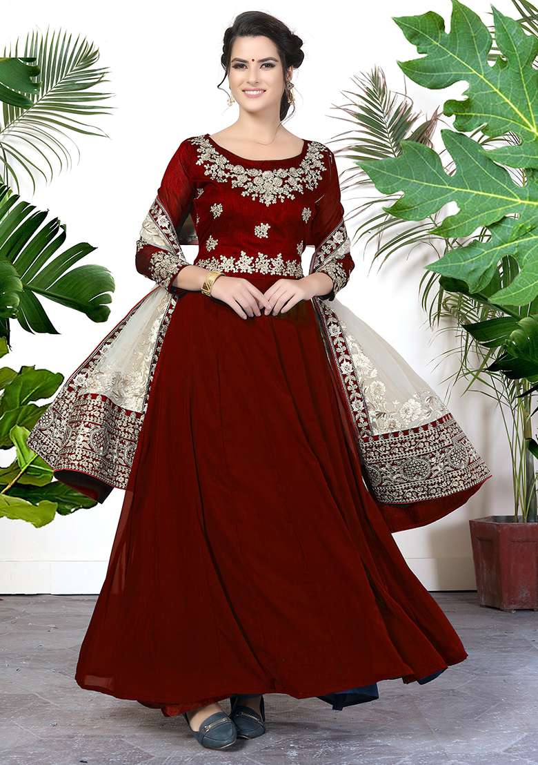Maroon Zari Embroidered Georgette Anarkali Set - Indya