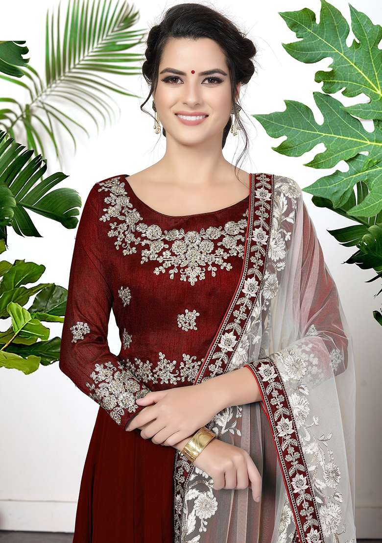 Maroon Zari Embroidered Georgette Anarkali Set - Indya