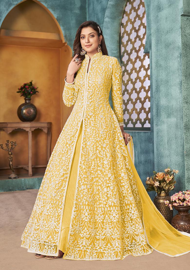 Yellow Embroidered Net Anarkali Kurta Set