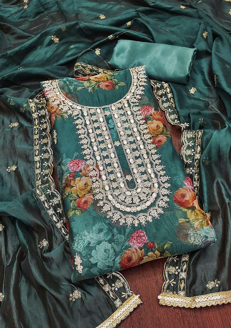 Sea Green Embroidered Organza Straight Kurta Set - Indya