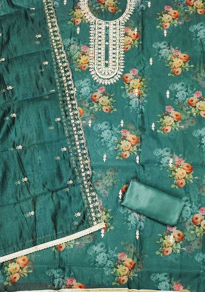 Sea Green Embroidered Organza Straight Kurta Set - Indya