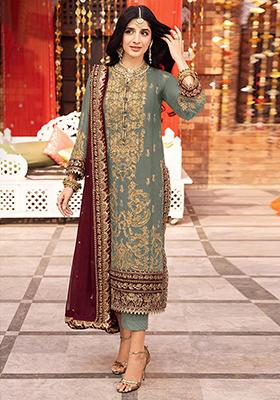 Grey Embroidered Faux Georgette Kurta Set