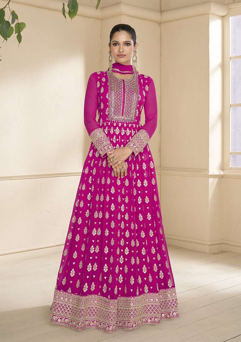 Pink Embroidered Faux Blooming Anarkali Set - Indya