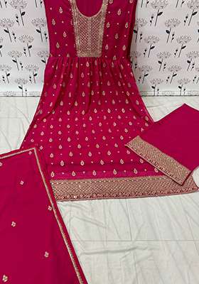 Pink Embroidered Faux Blooming Anarkali Set - Indya