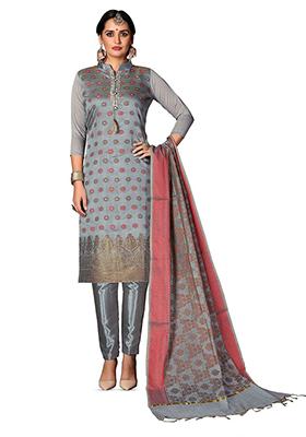 Grey Woven Poly Blend Kurta Set