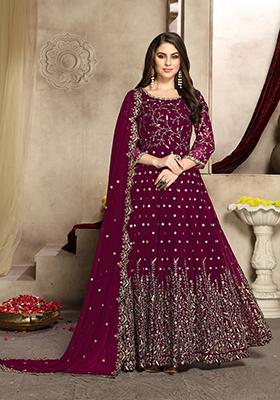 Wine Embroidered Faux Georgette Anarkali Kurta Set