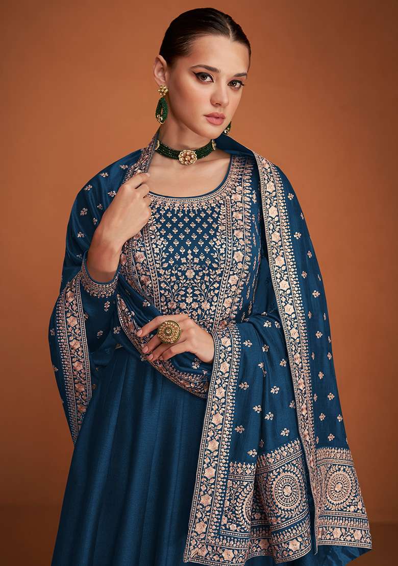 Navy Blue Embroidered Silk Blend Anarkali Set - Indya