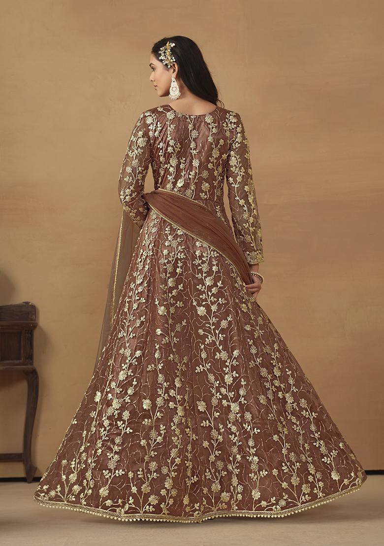 Brown Embroidered Pure Net Anarkali Kurta Set