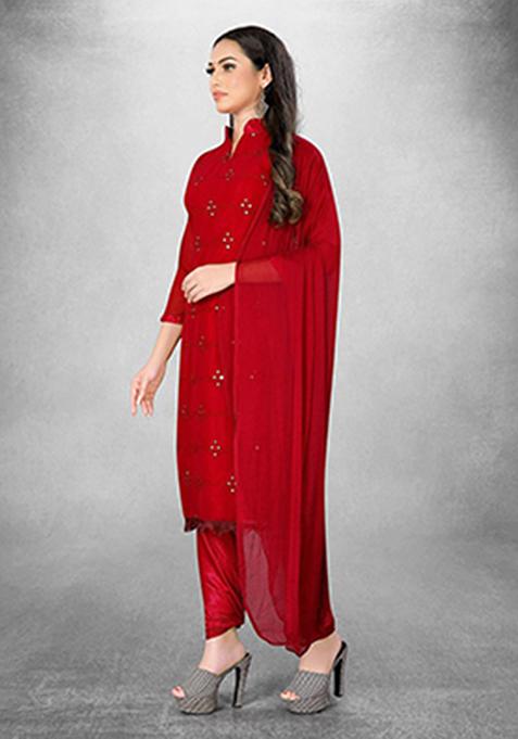 Red Mirror Work Blended Straight Kurta Set