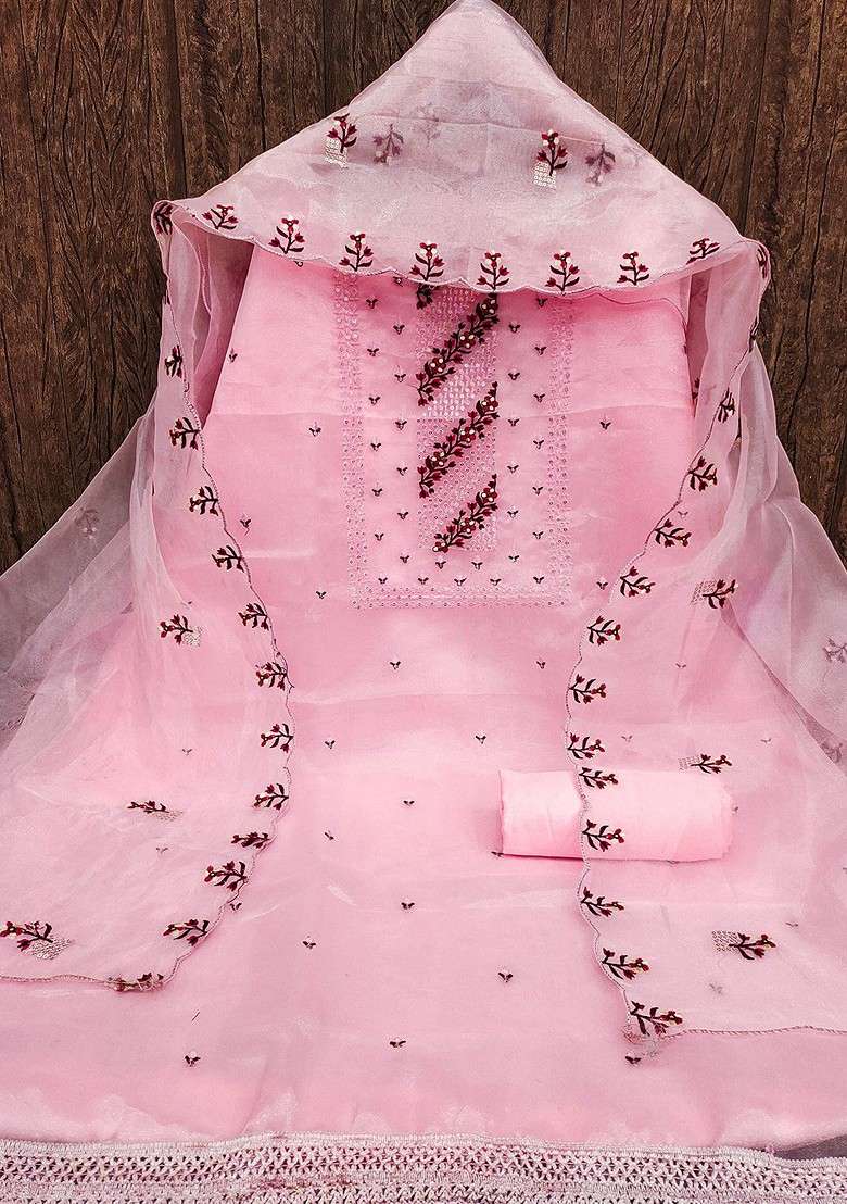 Pink Embroidered Blended Straight Kurta Set - Indya