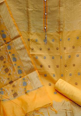 Yellow Woven Banarasi Jacquard Kurta Set