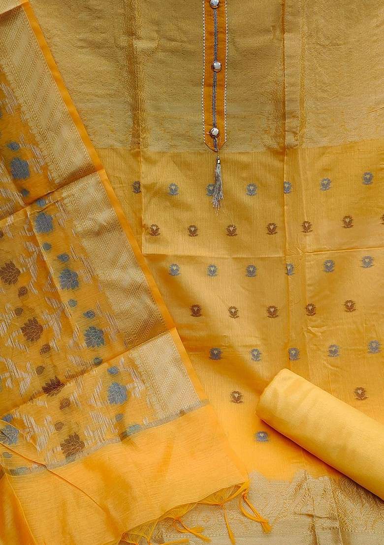 Yellow Woven Banarasi Jacquard Kurta Set - Indya