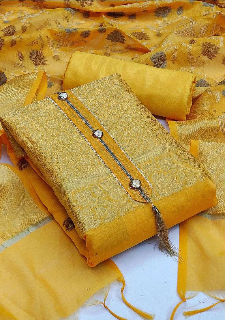 Yellow Woven Banarasi Jacquard Kurta Set - Indya